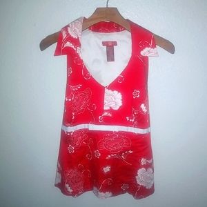 Sangria 16 Summer Red Floral Sleeveless Collared Top Plus